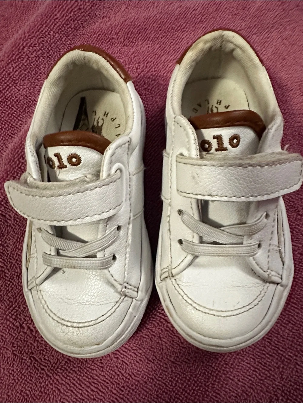 Ralph Lauren White Kids Polo Sneaker with Brown Logo Accent